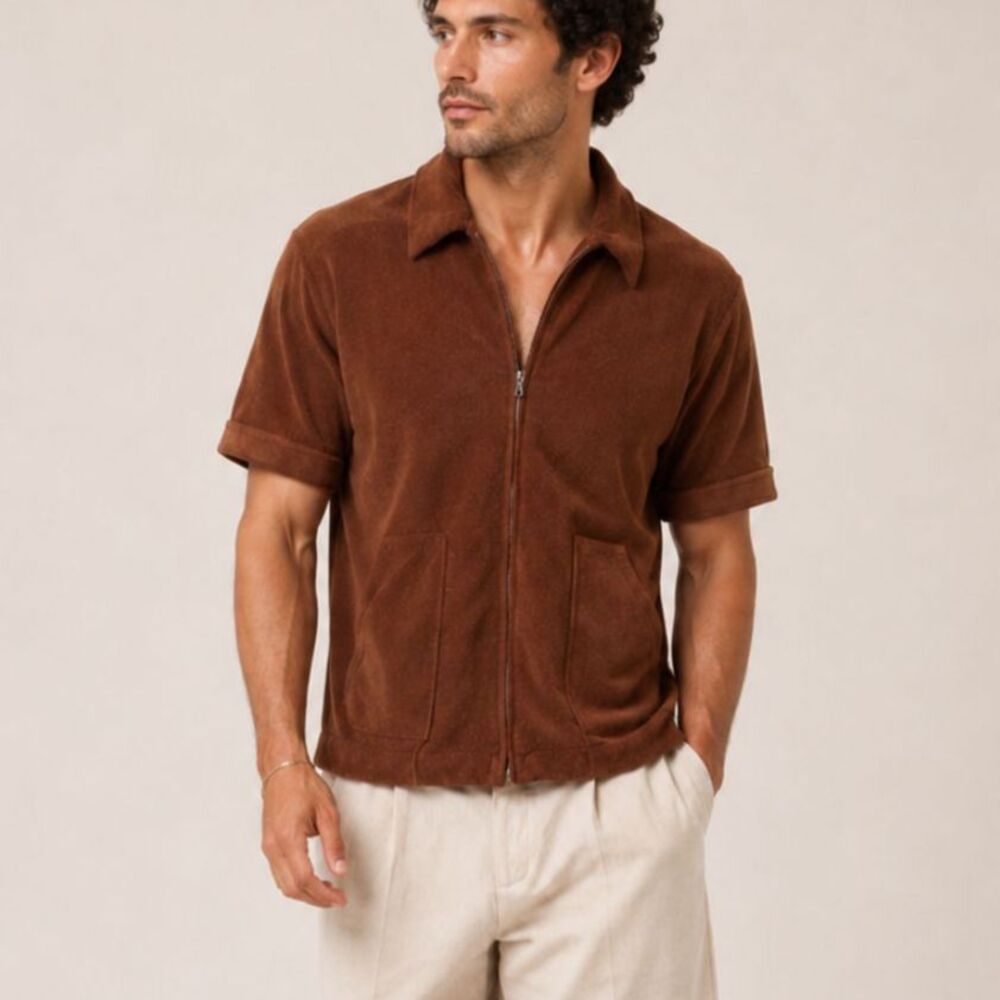 VTG Harris Casuals Leisurewear Shirt Mens Sz 42" Brown Zip-up Terry Short Sleeve